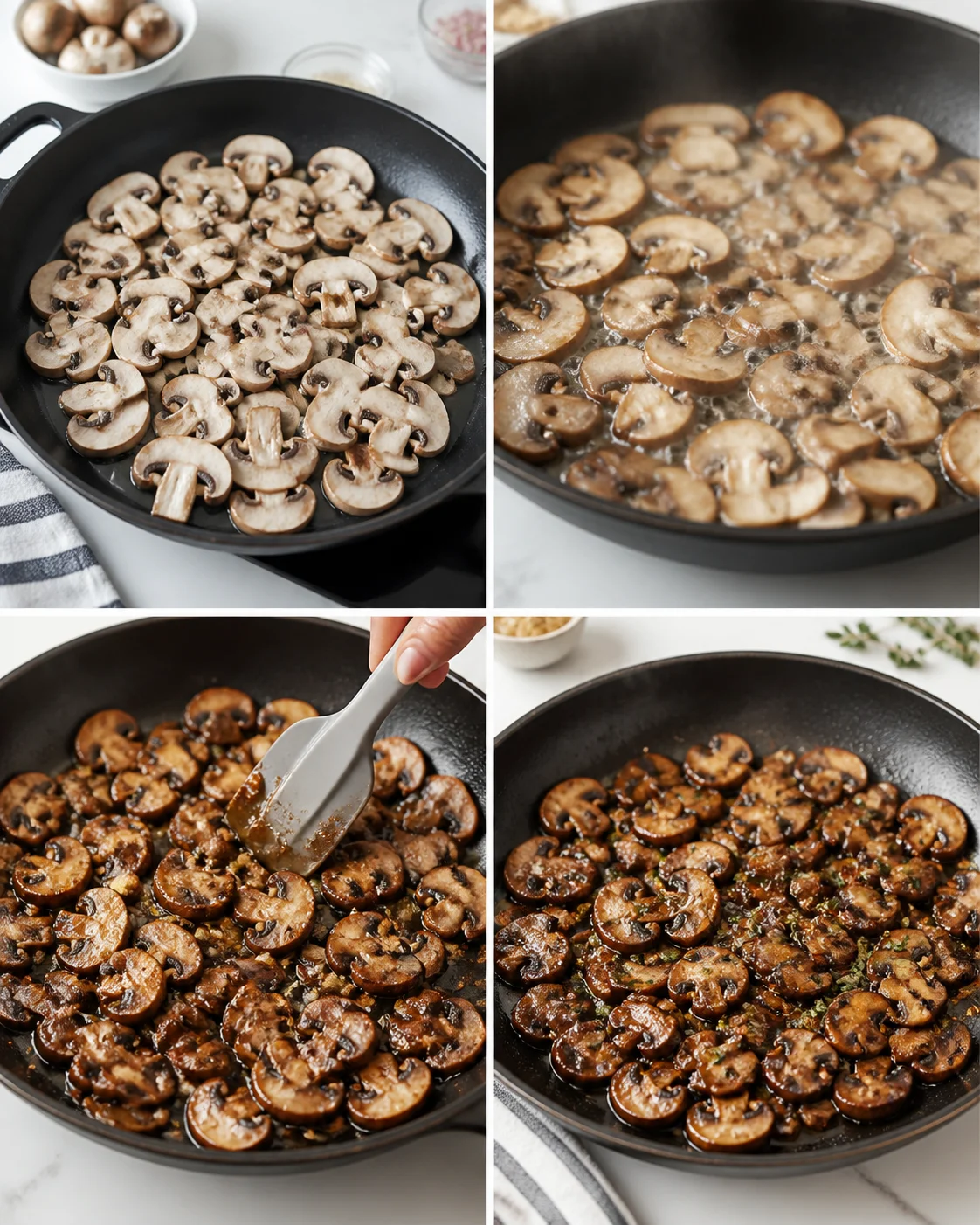 four-panel collage of sliced mushrooms in a nonstick skillet, from raw to caramelized with butter and herbs