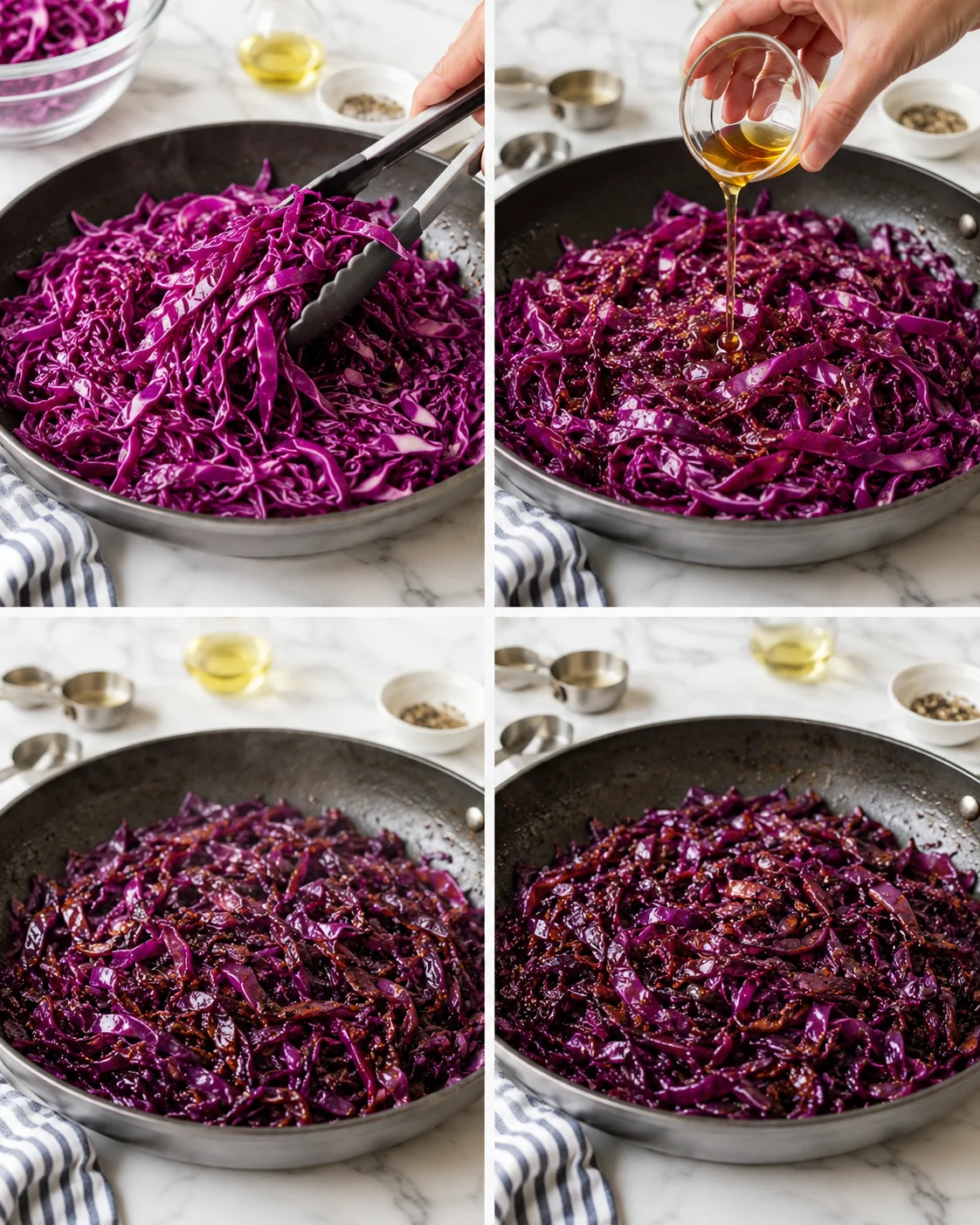 Collage of four panels showing red cabbage being sautéed in a skillet, with oil pouring and caramelizing.