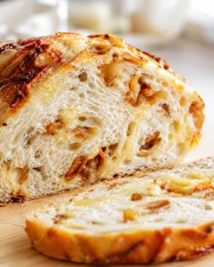Close-up of a crusty loaf with melted cheese and bacon bits showing a fluffy interior.