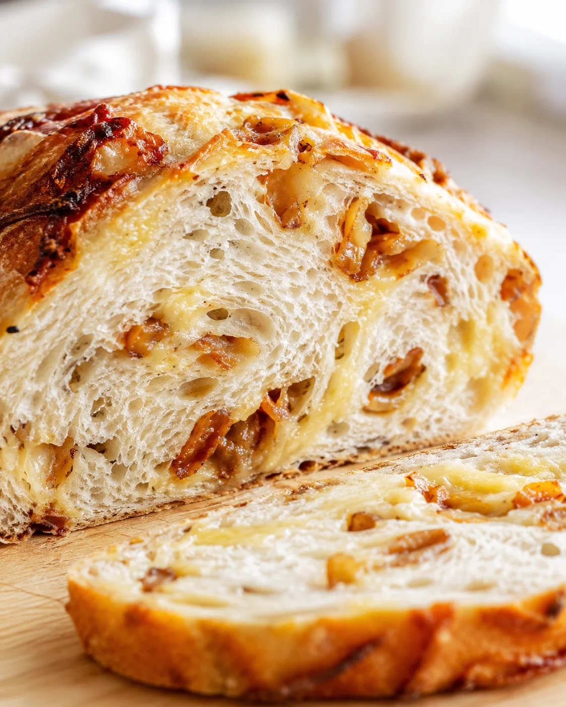 Close-up of a crusty loaf with melted cheese and bacon bits showing a fluffy interior.