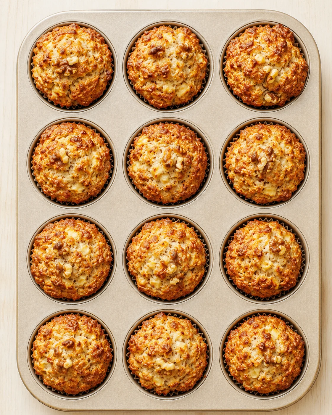 Top-down view of a 12-cup muffin tin with golden savory muffins topped with cheese and chopped nuts