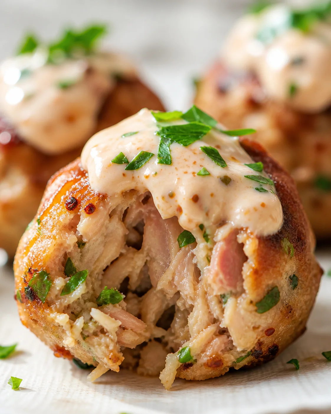 Close-up of a golden-brown chicken-filled biscuit bite topped with creamy sauce and parsley