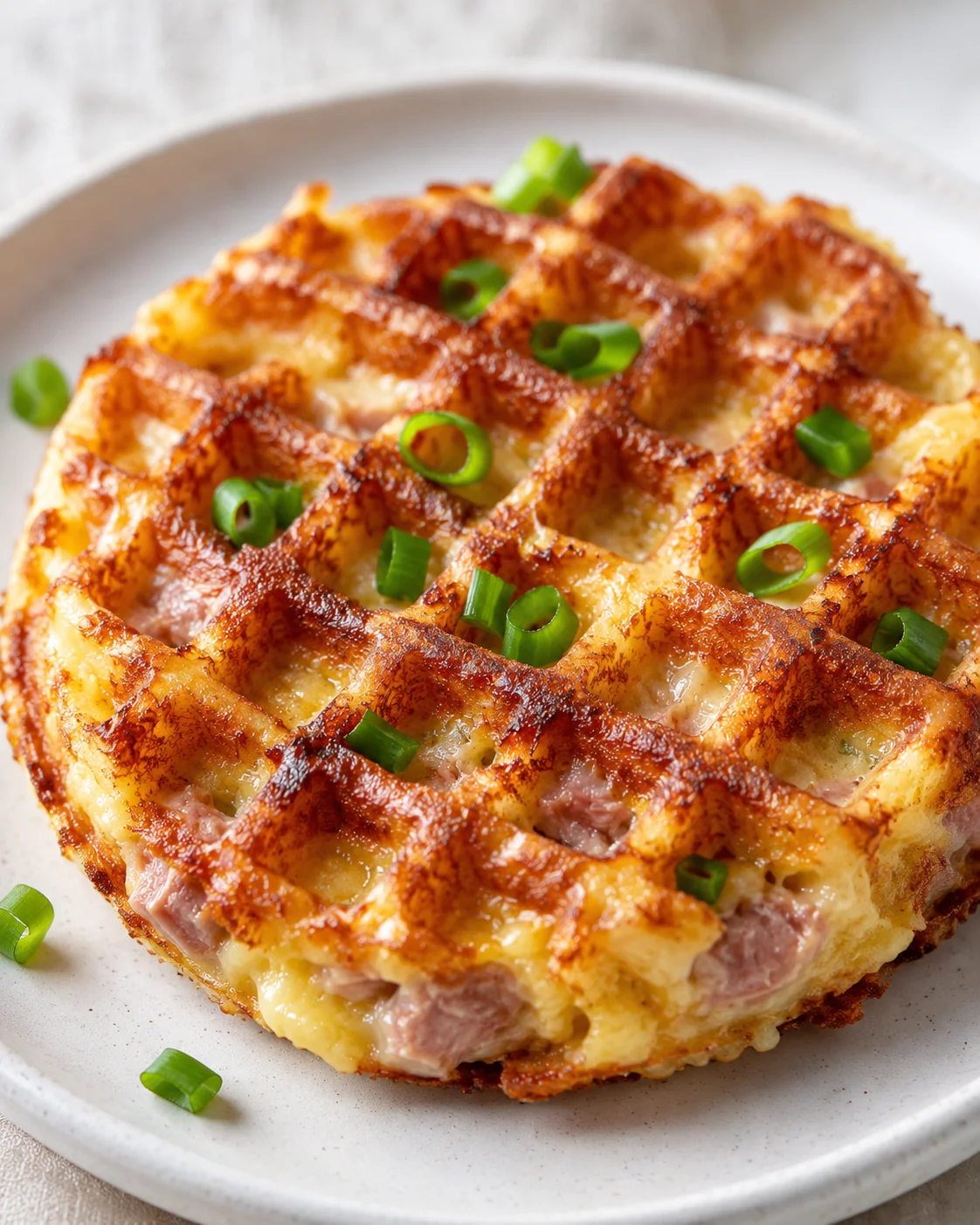 Close-up of a round savory waffle with ham, melted cheese, and chopped green onions on a pale plate.