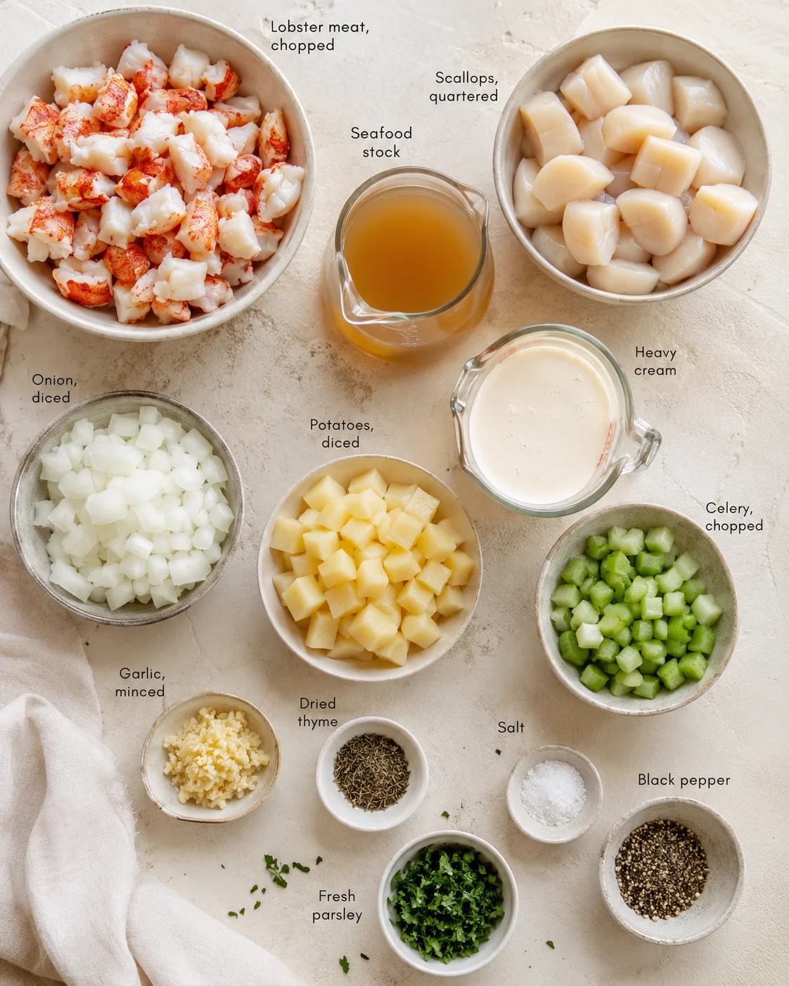 Top-down view of a beige countertop with labeled bowls of seafood ingredients and seasonings.