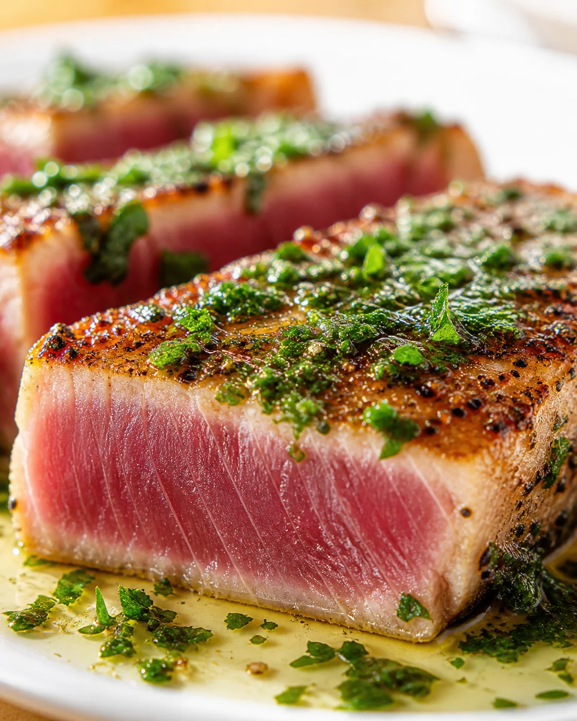 Close-up of seared tuna steak with pink center, topped with chopped herbs and glossy sauce.