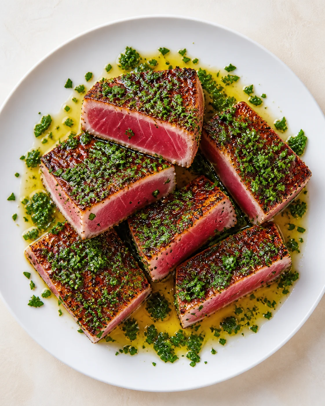 Seared tuna steaks with herb crust and pink centers on a white plate, surrounded by butter sauce.