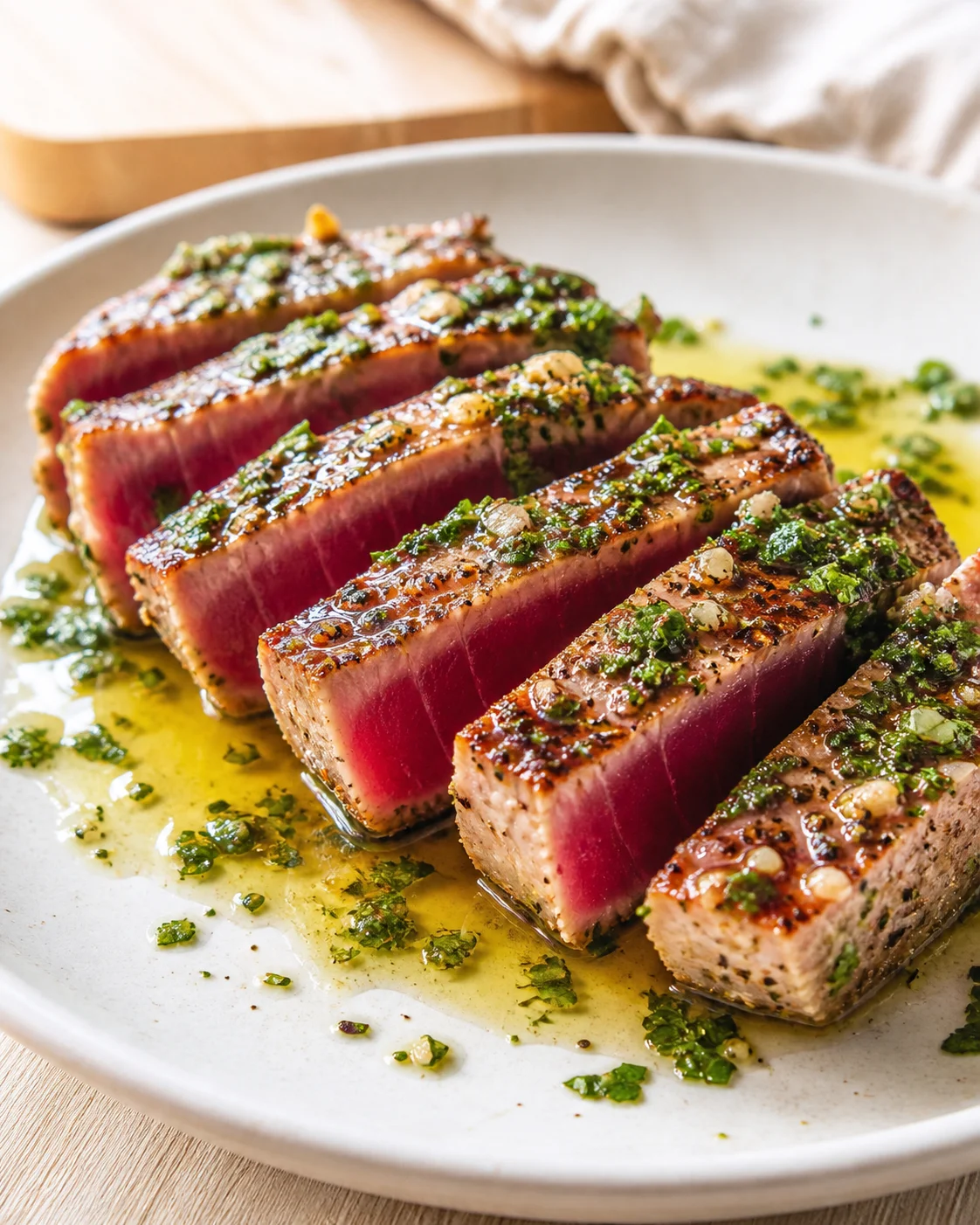 Thinly sliced herb-crusted tuna steaks on a white plate with green herb sauce.