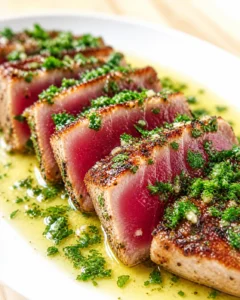 Slices of seared rare tuna with herb crust and green sauce on a white plate