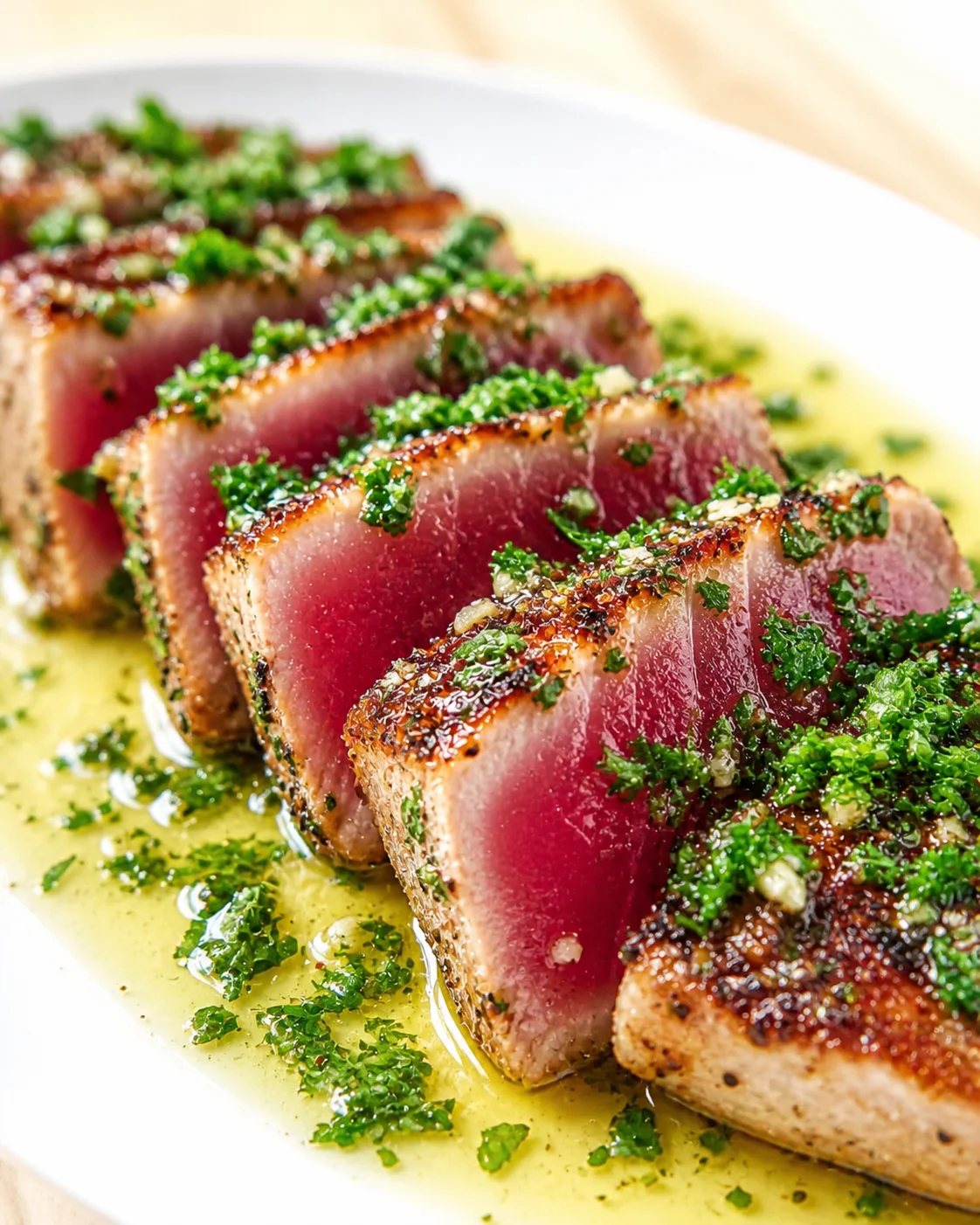 Slices of seared rare tuna with herb crust and green sauce on a white plate