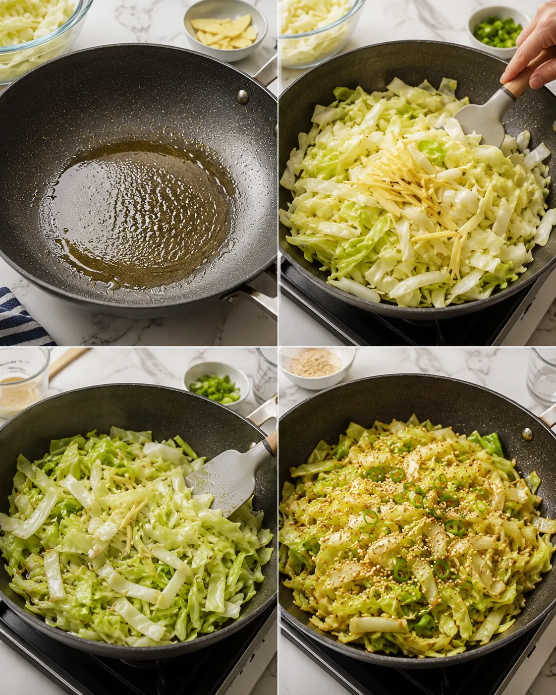 collage of four images showing cabbage sautéing in a skillet from oil to finished dish topped with sesame seeds