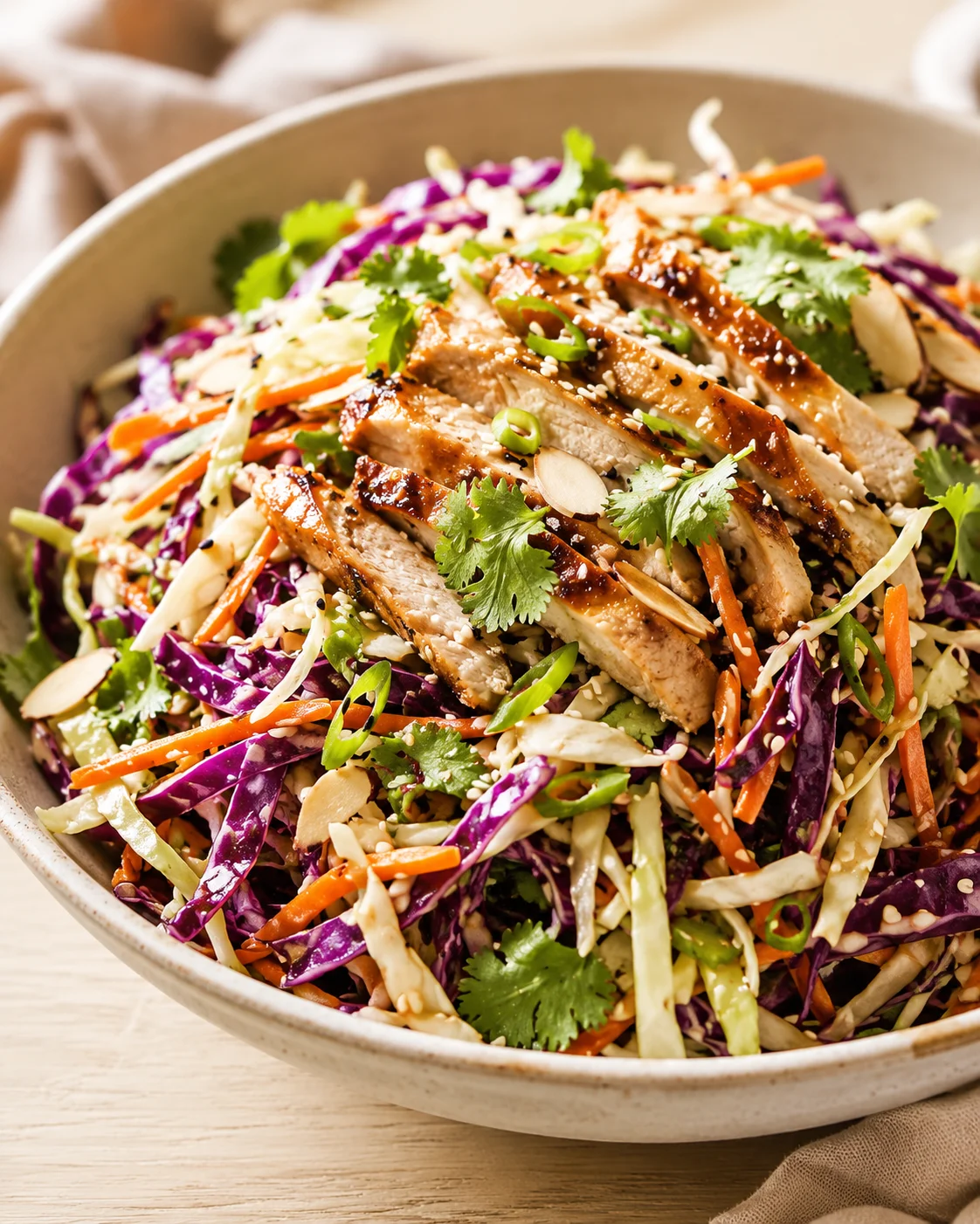 Colorful shredded cabbage slaw topped with sliced sesame-glazed chicken and cilantro