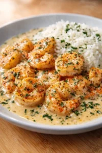 shrimp in creamy garlic sauce with herbed rice on a gray plate