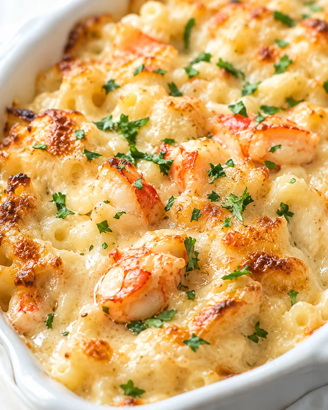 Creamy baked macaroni and cheese with shrimp, golden brown crust, parsley garnish