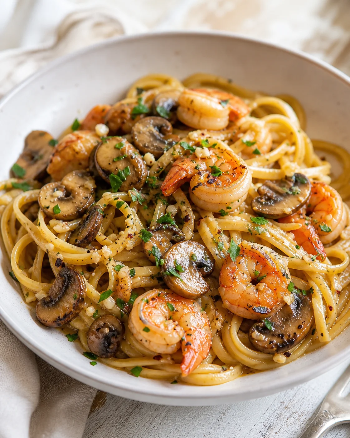 bowl of linguine with shrimp, mushrooms, and parsley on a light wooden table