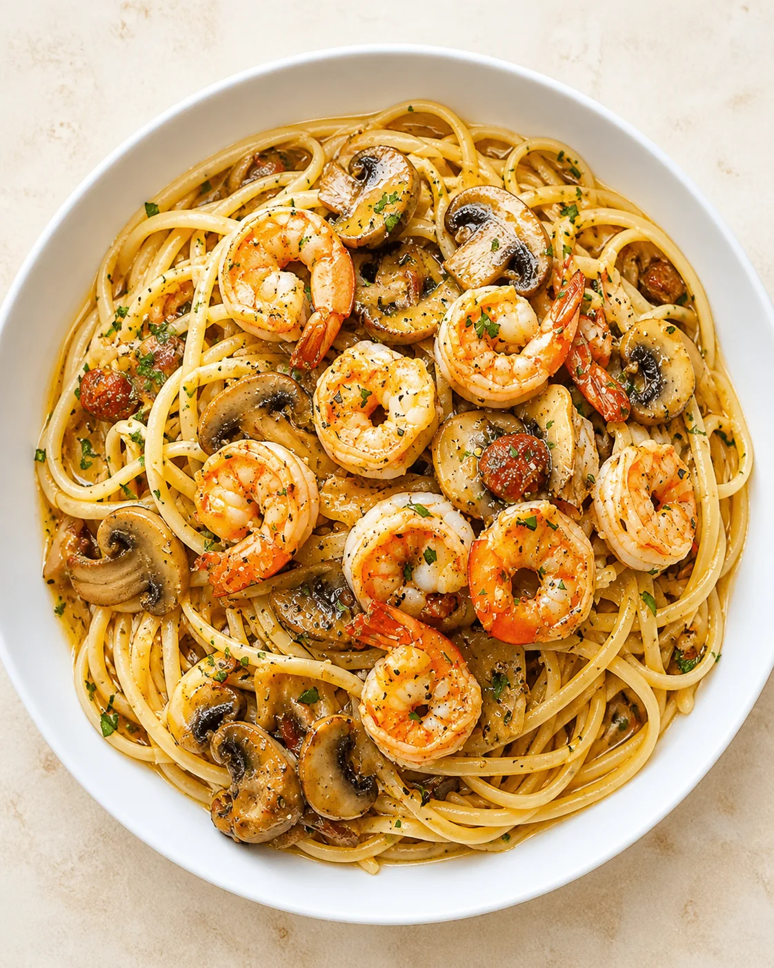 Top-down view of a white bowl filled with linguine, shrimp, mushrooms, tomatoes, and parsley