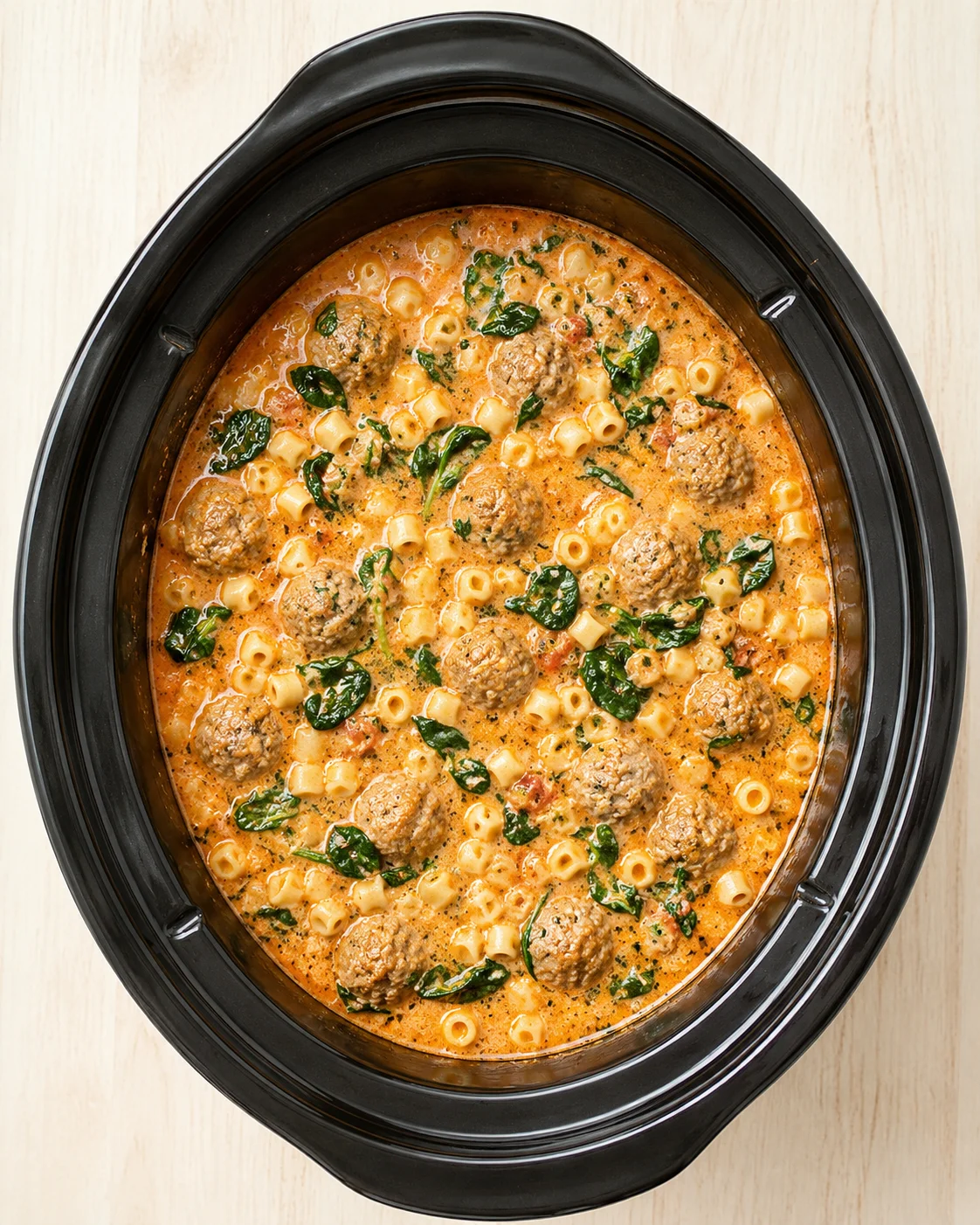 overhead view of meatballs and small pasta in creamy tomato sauce in a black slow cooker