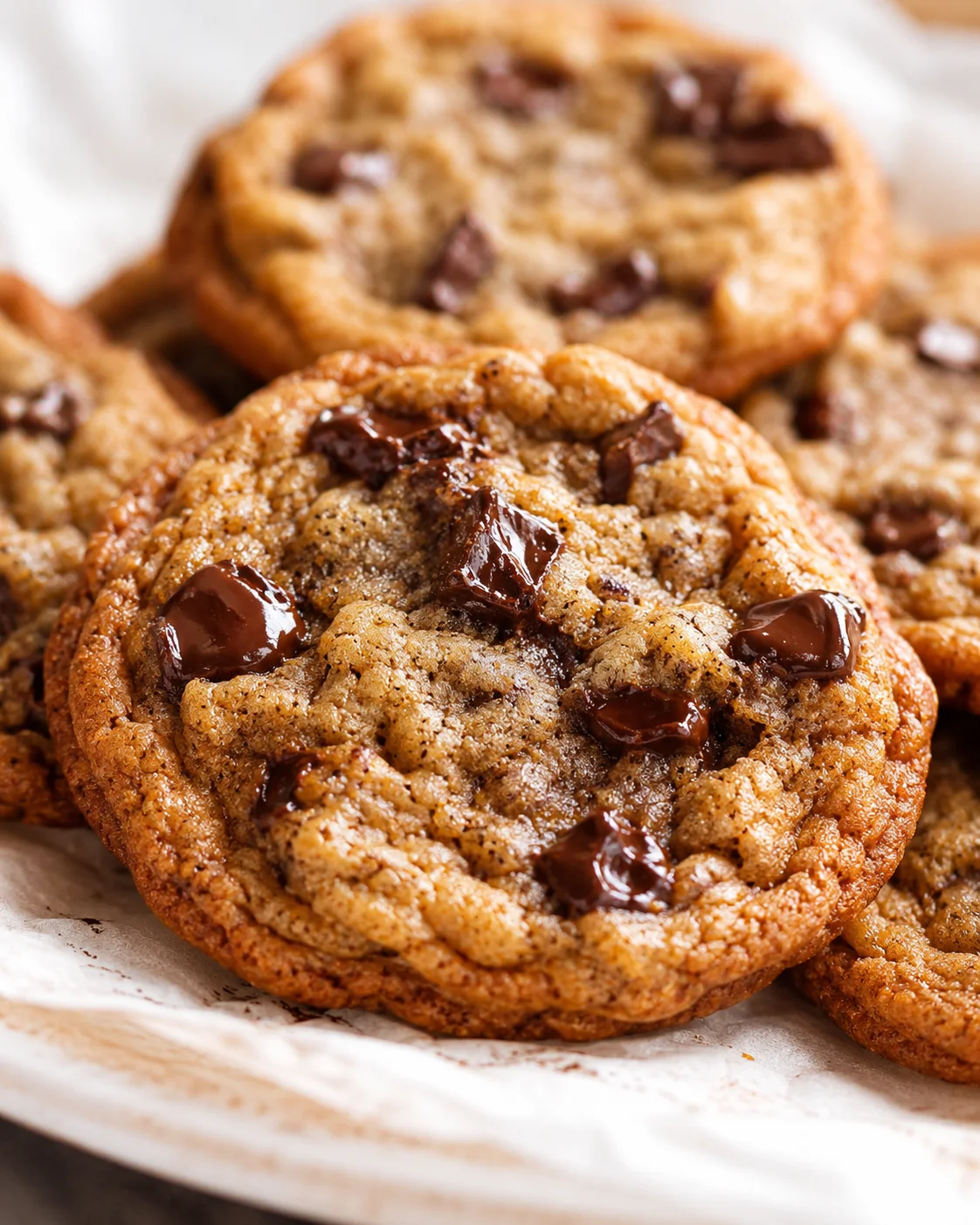 Close-up of warm, golden-brown chocolate chunk cookies on parchment paper.