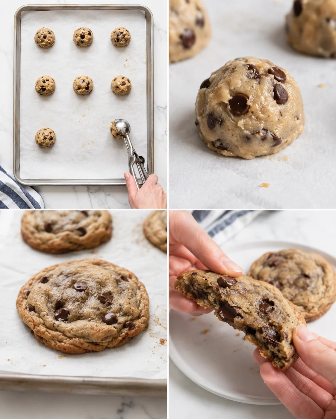 collage of chocolate chip cookies: baking tray with dough balls, close-up cookie, swirl cookie, and bitten cookie