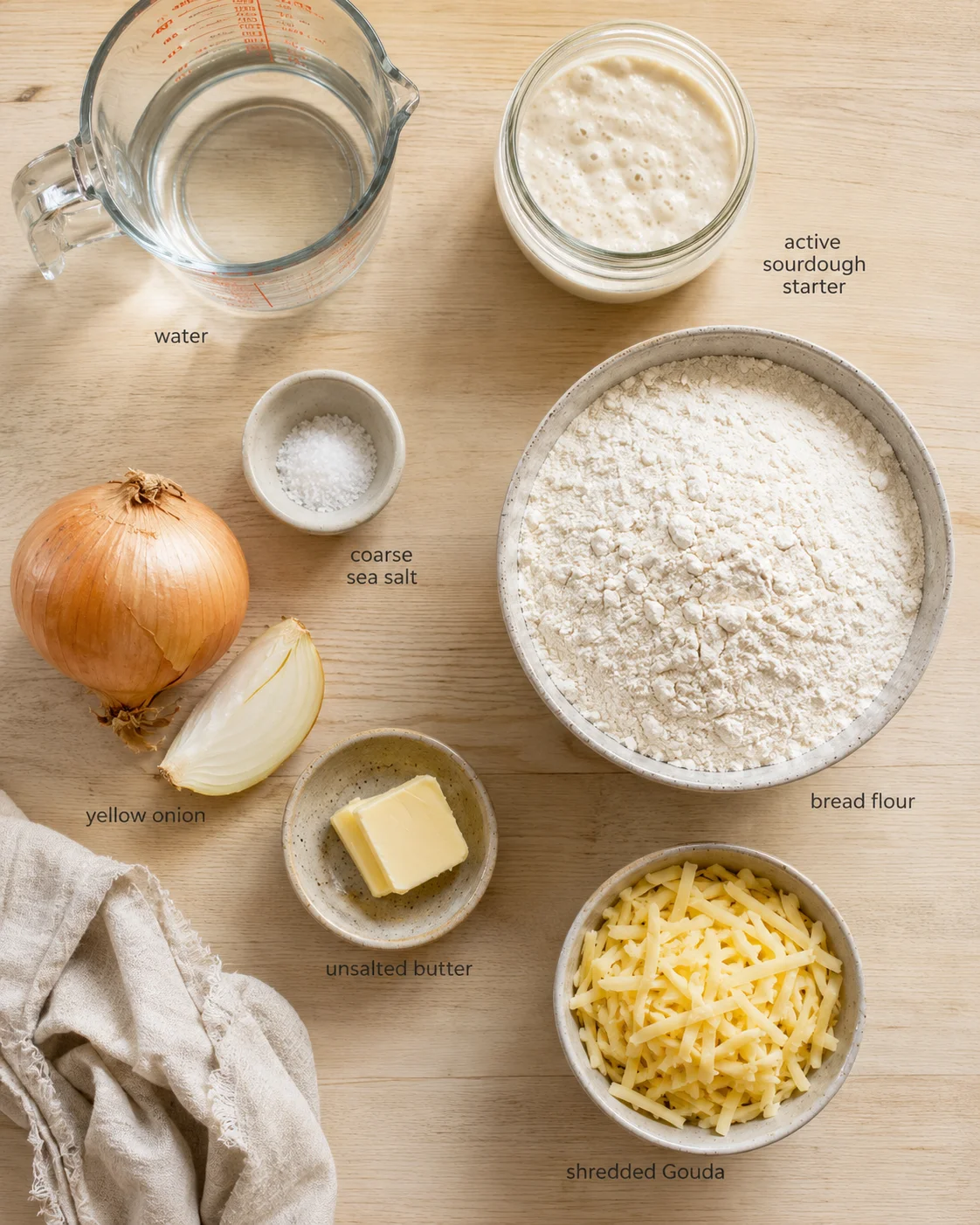 Overhead view of sourdough ingredients on a wooden table: flour, Gouda, onion, butter, salt, water, and starter.