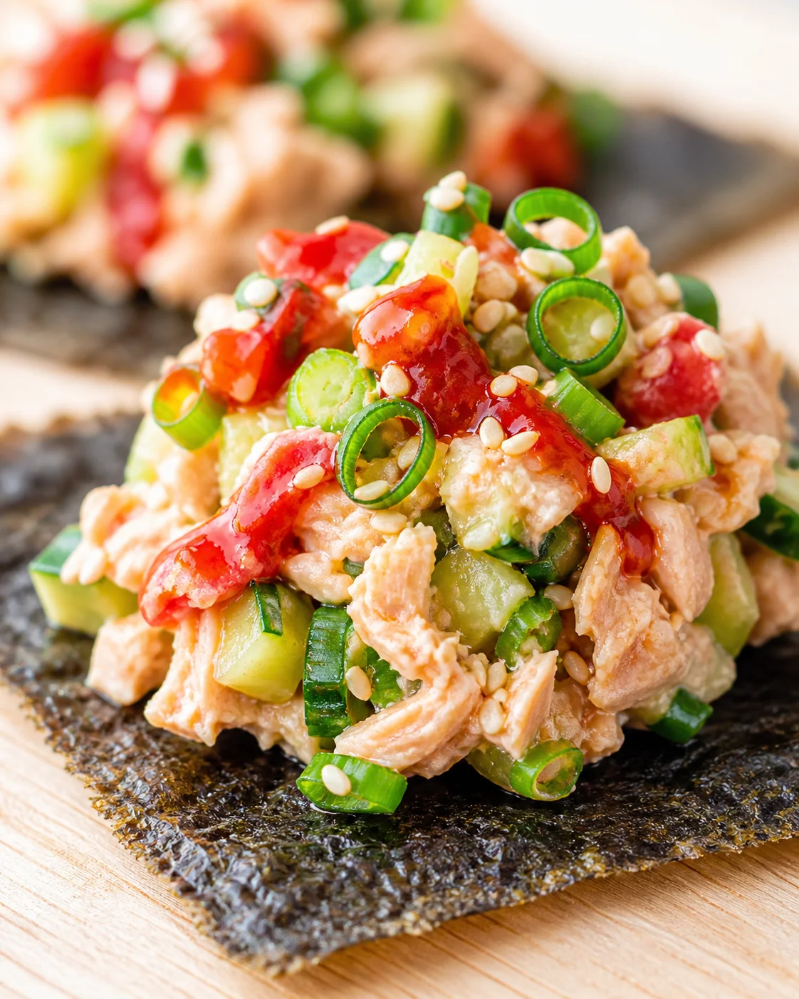 Close-up of diced tuna, cucumber, and scallions on a seaweed crisp with sesame seeds