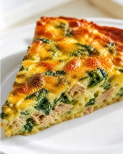 Close-up of a golden-brown spinach and cheese frittata slice on a white plate.