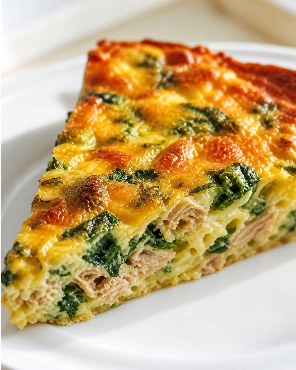 Close-up of a golden-brown spinach and cheese frittata slice on a white plate.