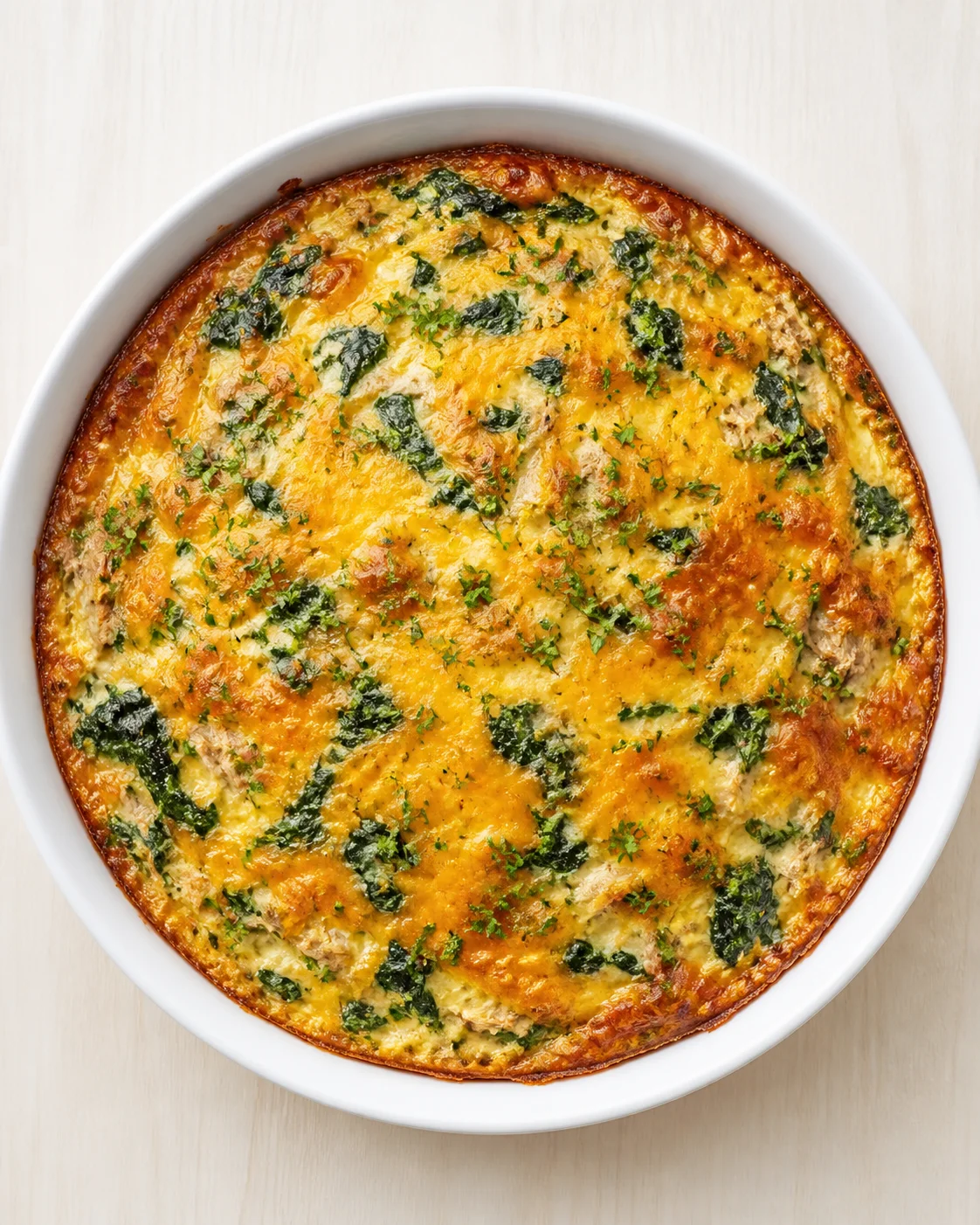 Golden-brown spinach and cheese quiche in a white dish on pale wood
