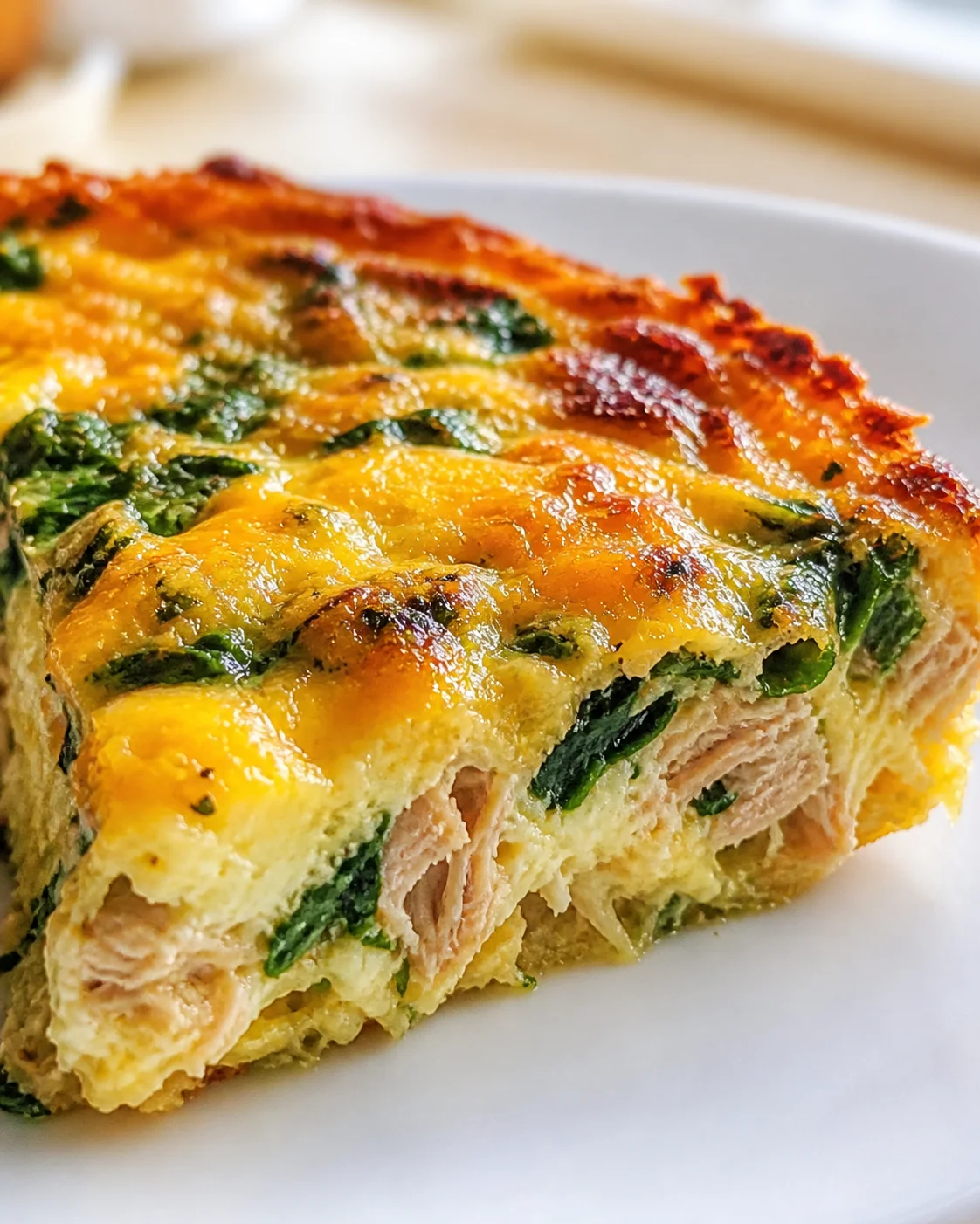 close-up of a golden-brown spinach and ham quiche slice on a white plate