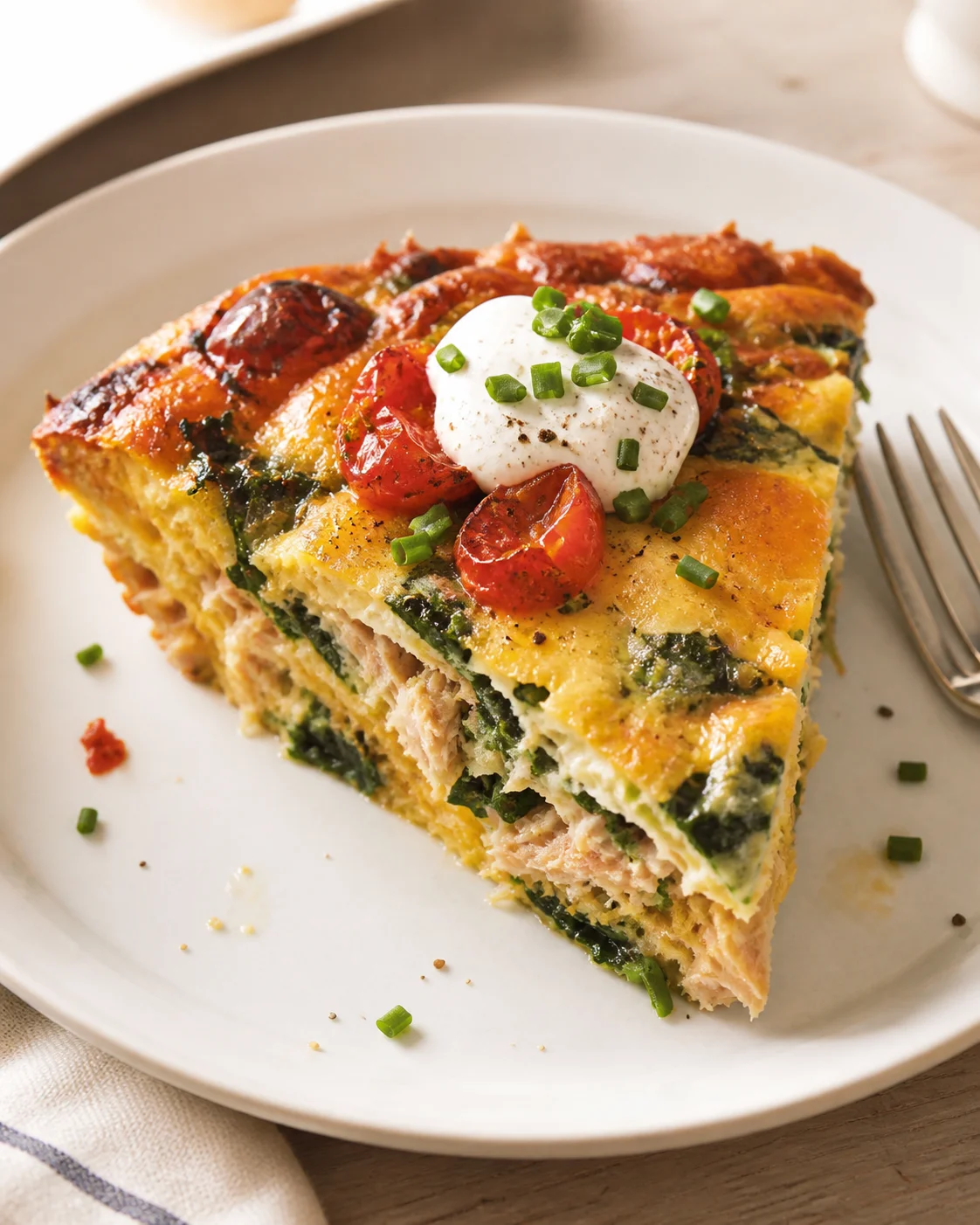Thick slice of spinach and tomato quiche on a white plate with a fork