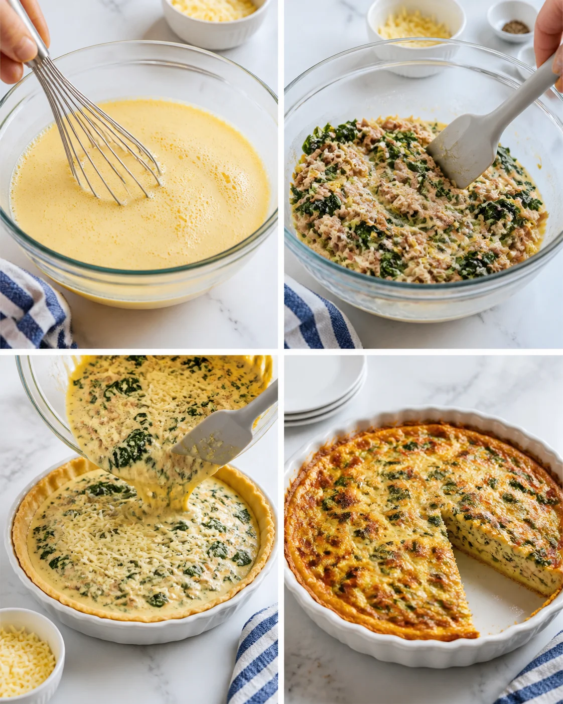 Collage showing whisked eggs, spinach-tuna filling, pouring mixture into crust, and a golden baked quiche.