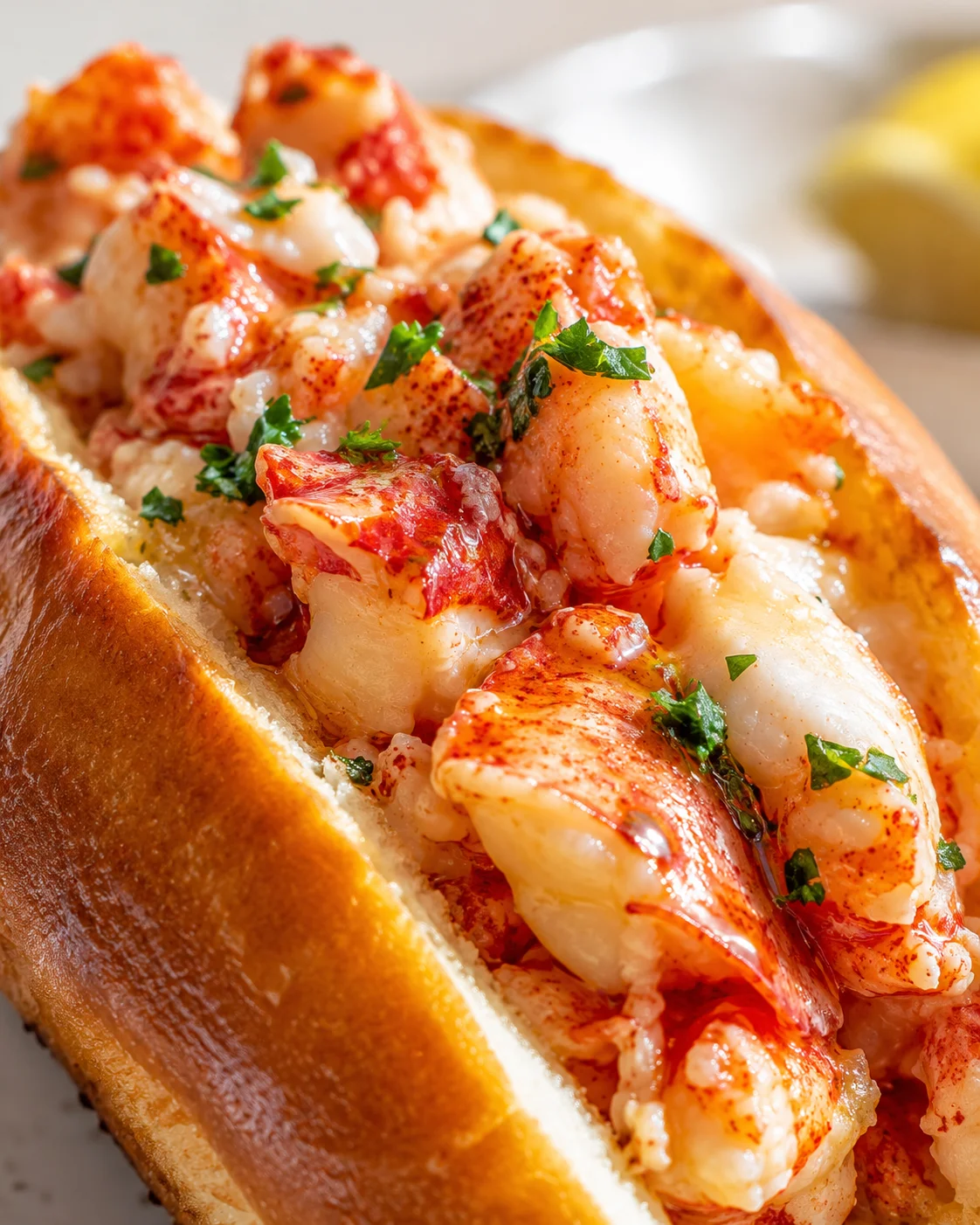 close-up of a toasted brioche lobster roll with paprika-seasoned lobster meat and parsley