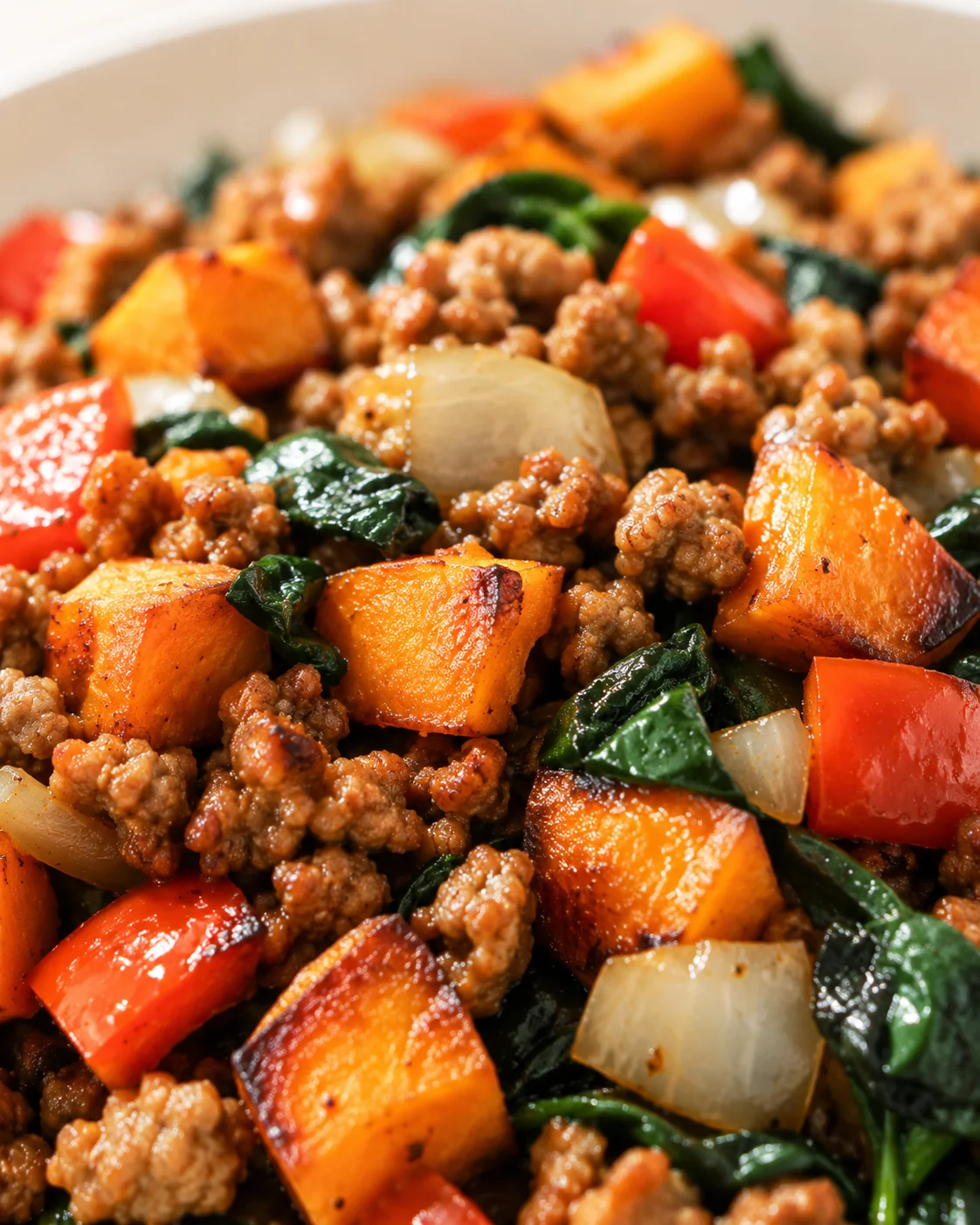 close-up of a skillet with browned ground meat, roasted sweet potatoes, onions, and greens