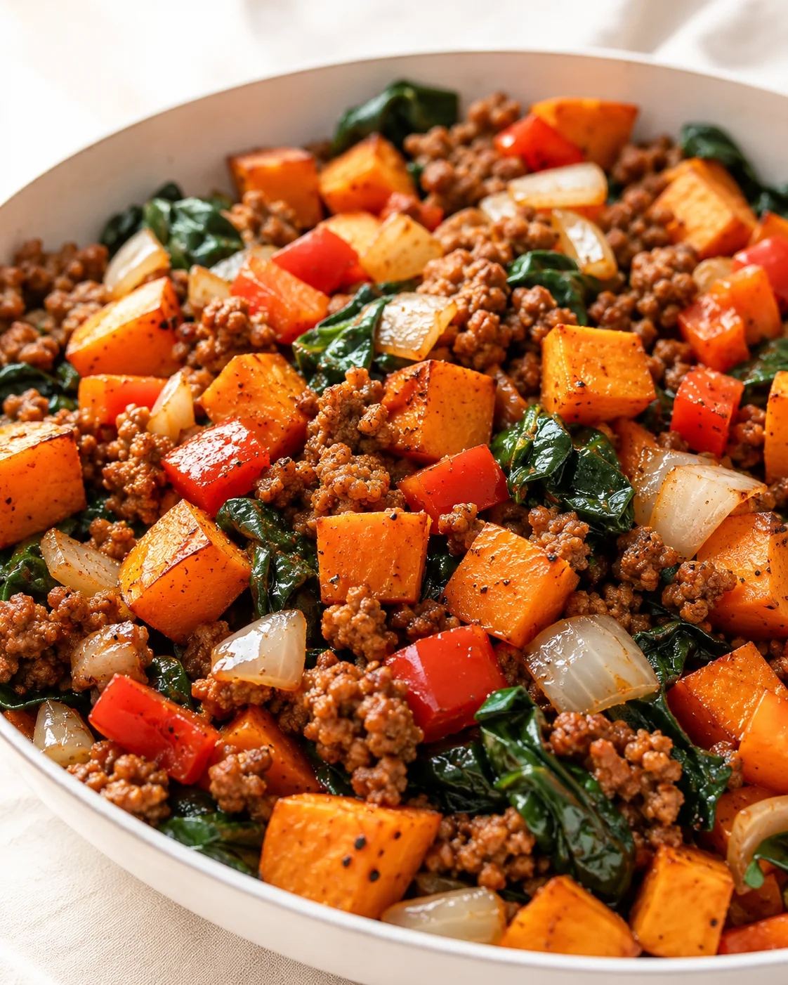 Close-up of a skillet filled with orange sweet potato cubes, browned ground beef, onions, and wilted greens