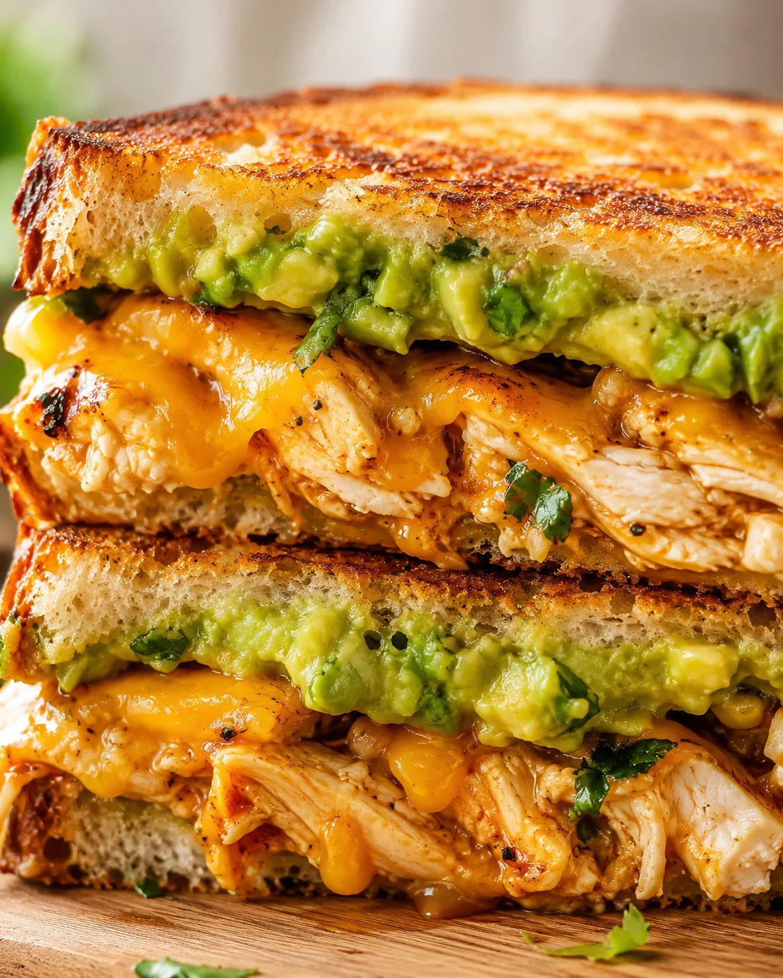 close-up of a toasted multi-layer chicken sandwich with avocado spread and melted cheese on rustic bread