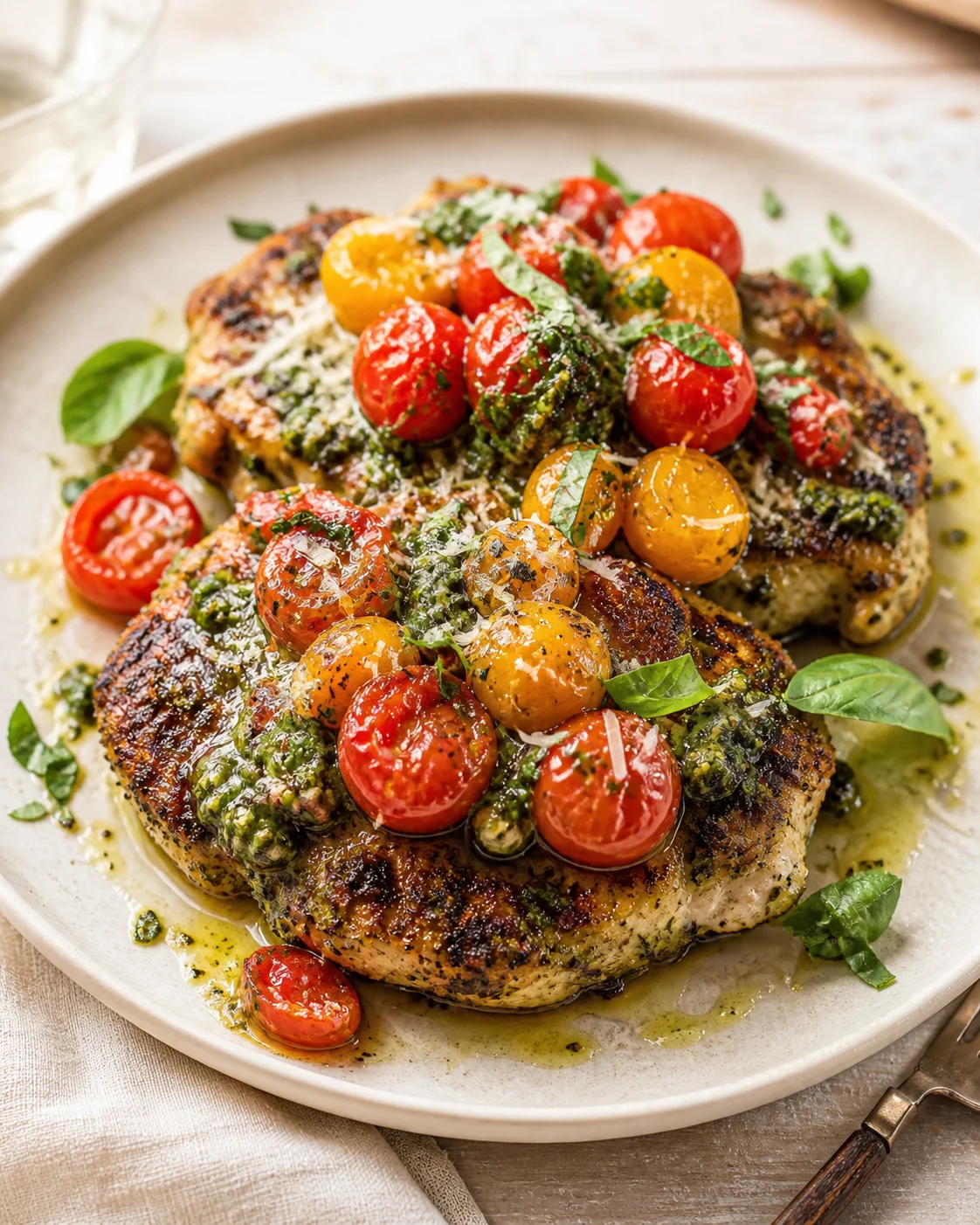 Seared chicken topped with cherry tomatoes, pesto, and parmesan on a beige plate.