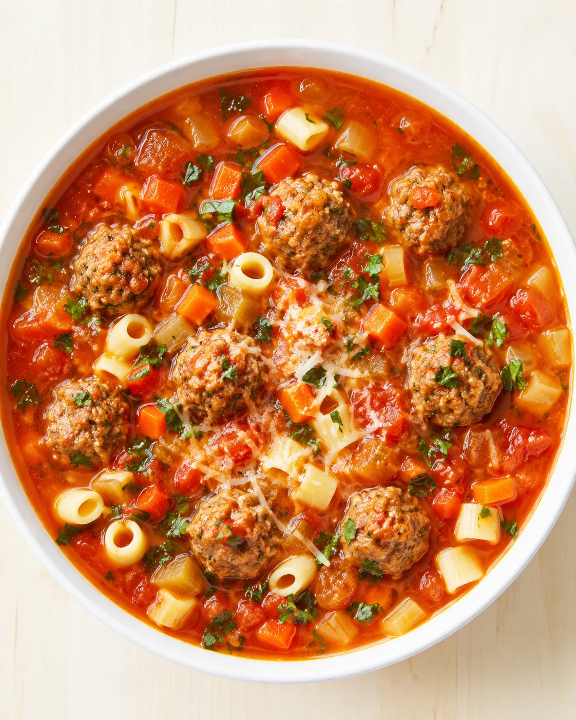 White bowl of tomato-based soup with meatballs, ditalini pasta, chopped parsley, grated cheese on a light wooden table.