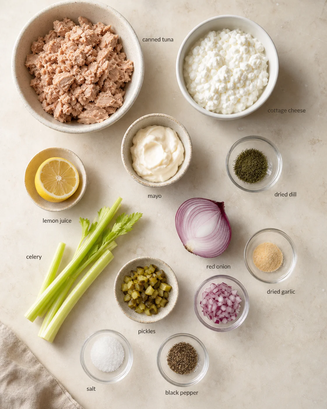 Overhead view of labeled ingredients for a tuna-based dip: tuna, cottage cheese, mayo, vegetables.