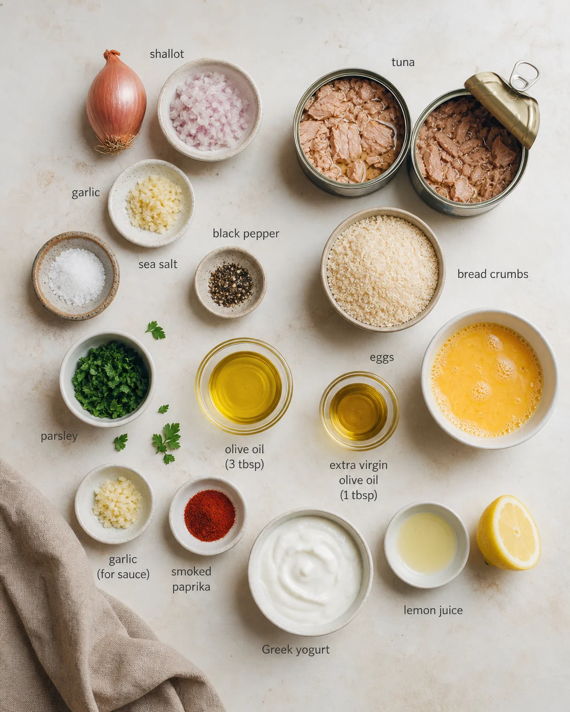 Overhead view of labeled ingredients for a tuna dish, including shallots, tuna, garlic, and olive oil.