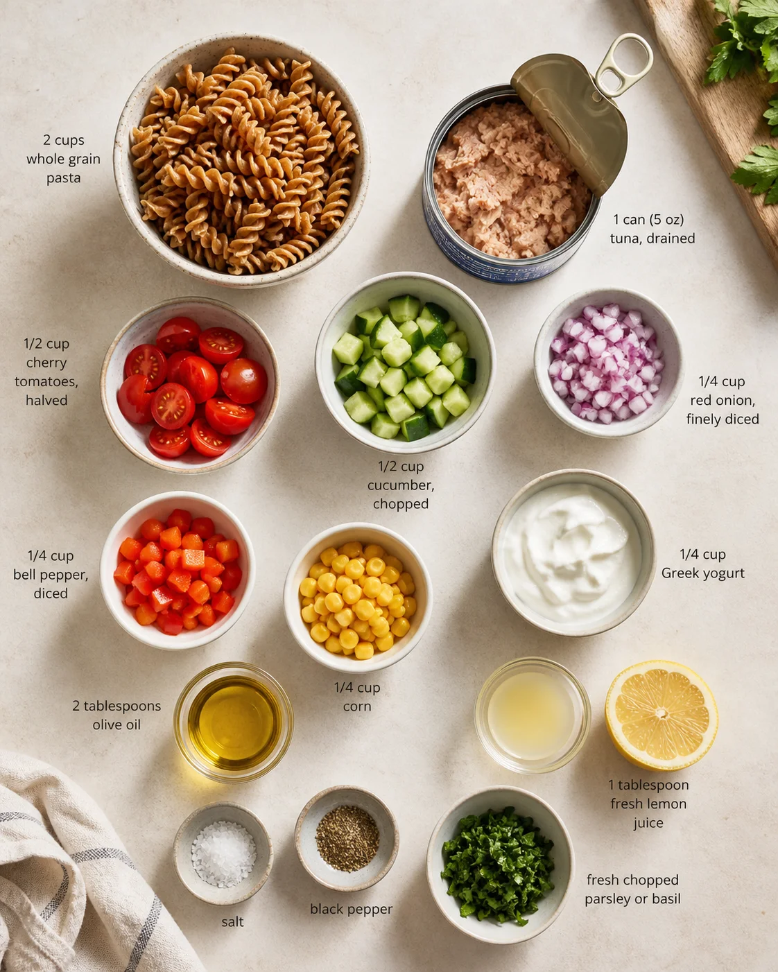 Top-down view of a tuna pasta ingredients station with labeled bowls.