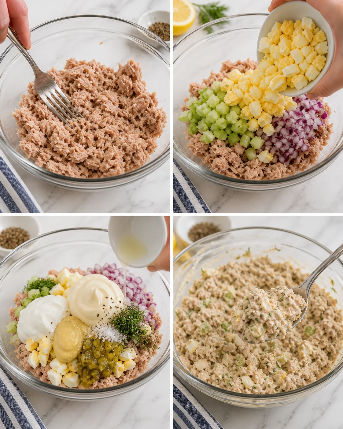 Four-panel collage showing tuna salad preparation with celery, eggs, onions, and mayo.