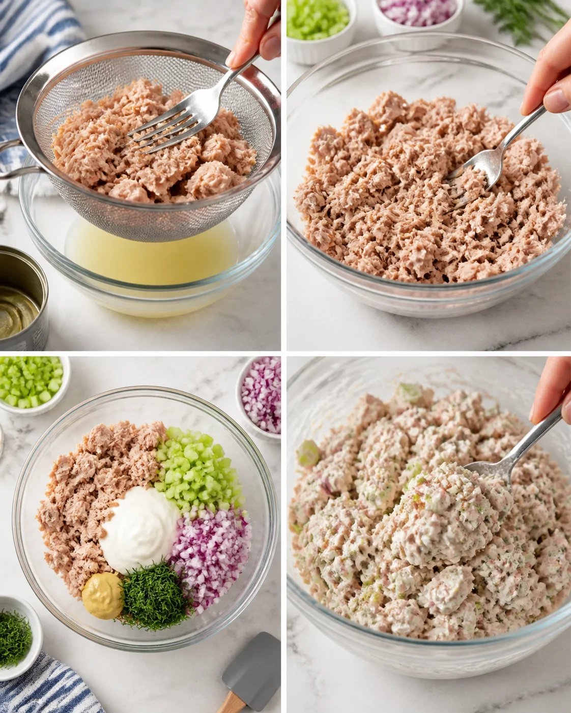 collage showing tuna salad steps: draining tuna, mixing with veggies, and final creamy mixture
