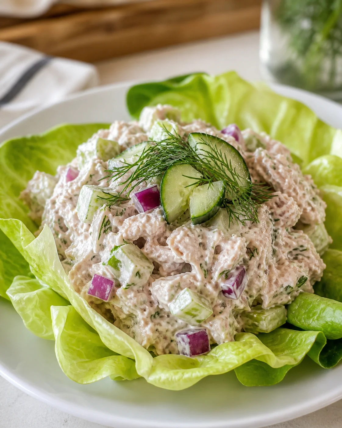Creamy tuna salad with cucumber and red onion on lettuce leaves, dill garnish
