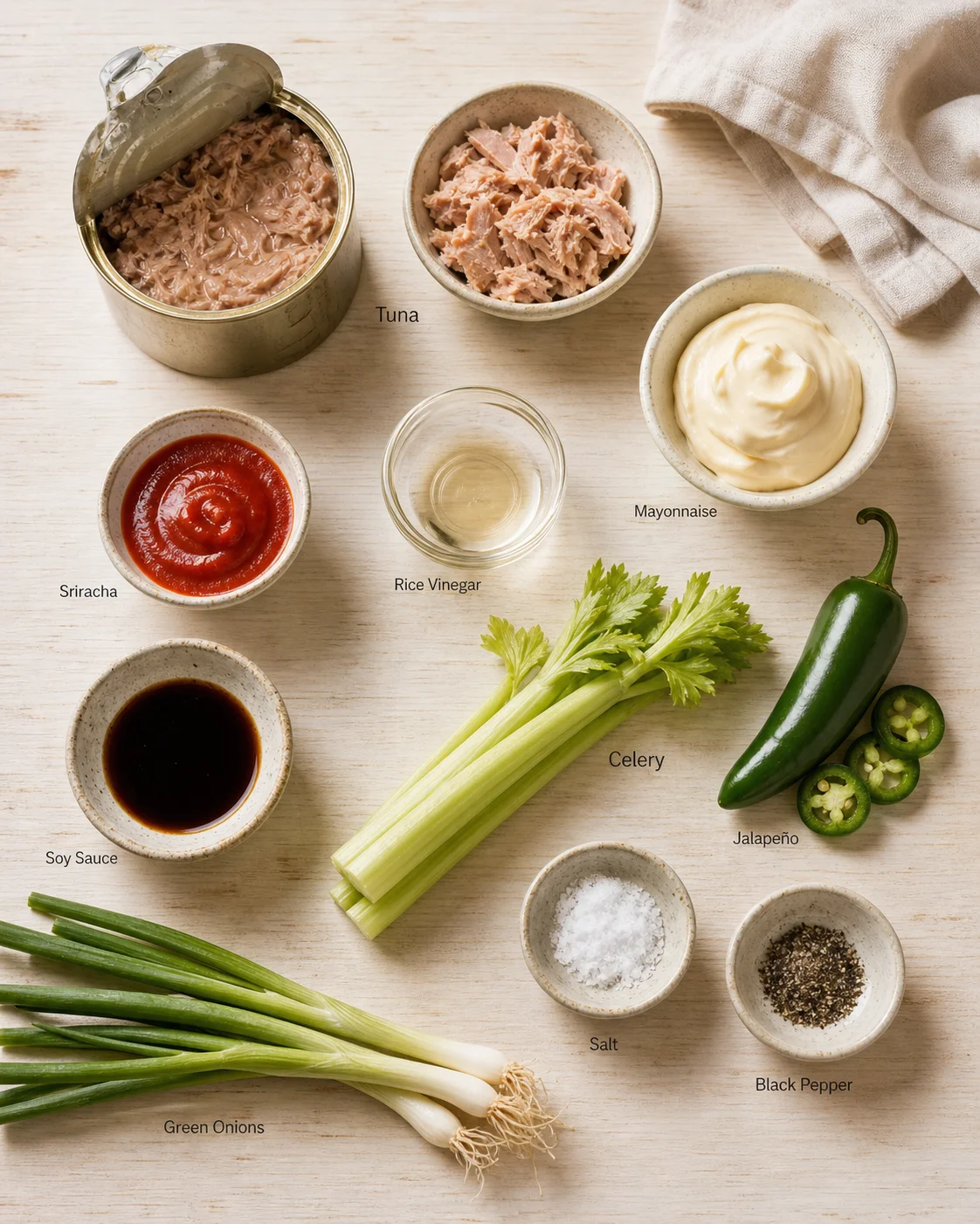 Flat lay of canned tuna, mayo, sauces, jalapeño, celery, and onions on a light wood surface.