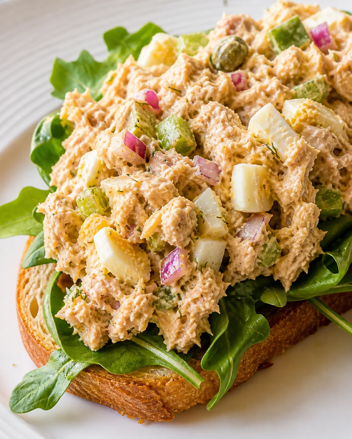 open-faced toasted bread topped with creamy tuna salad and fresh arugula
