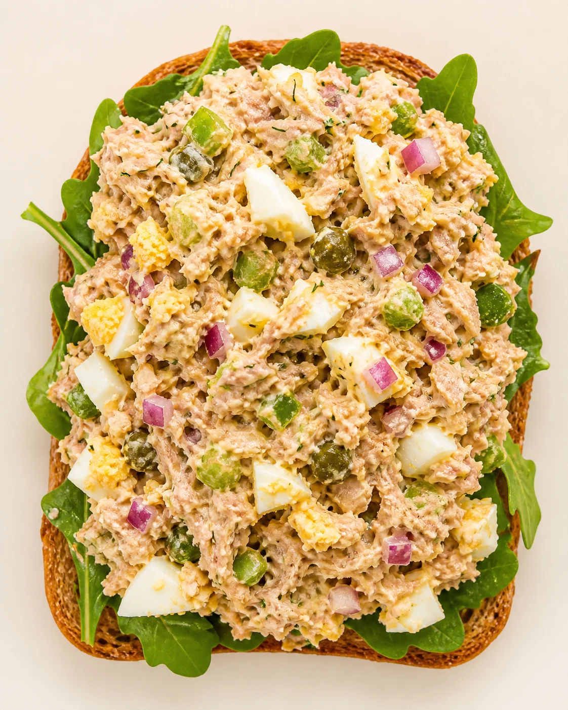 Open-faced toast topped with creamy tuna salad, eggs, red onion, and greens.