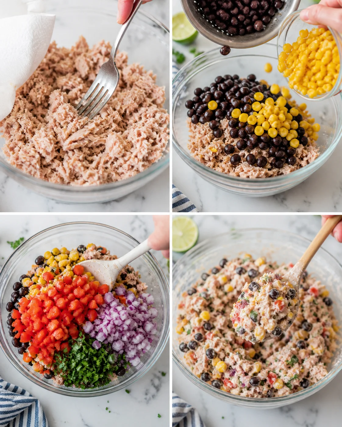 collage showing tuna salad preparation with corn, black beans, peppers, and onions in glass bowls