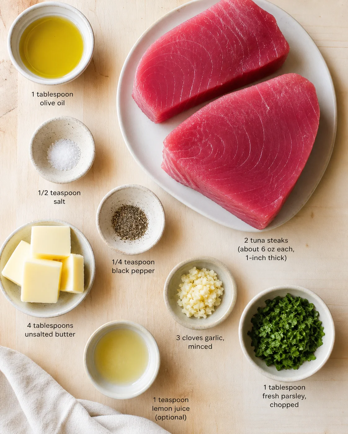 Overhead view of two raw tuna steaks with oil, butter, garlic, and herbs arranged on a wooden surface.