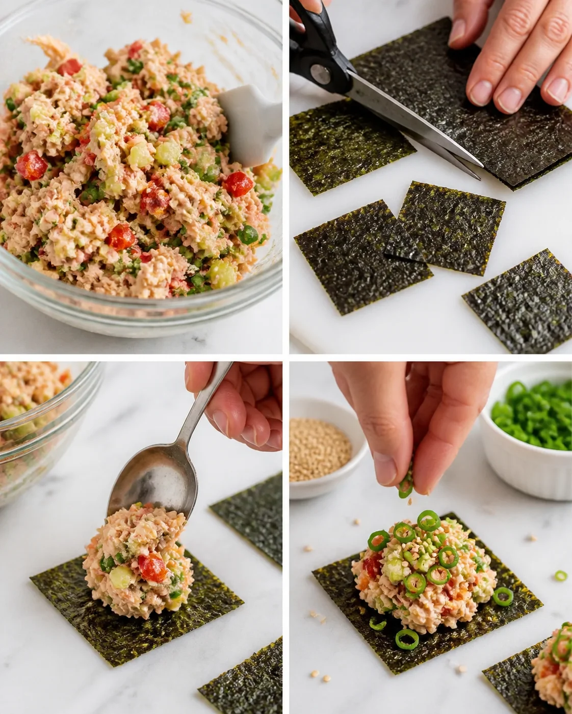 collage showing tuna mixture, cutting nori sheets, assembling on seaweed squares