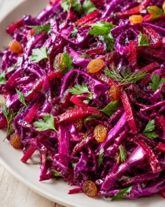 Close-up of purple-red shredded cabbage slaw with parsley and dill on white plate