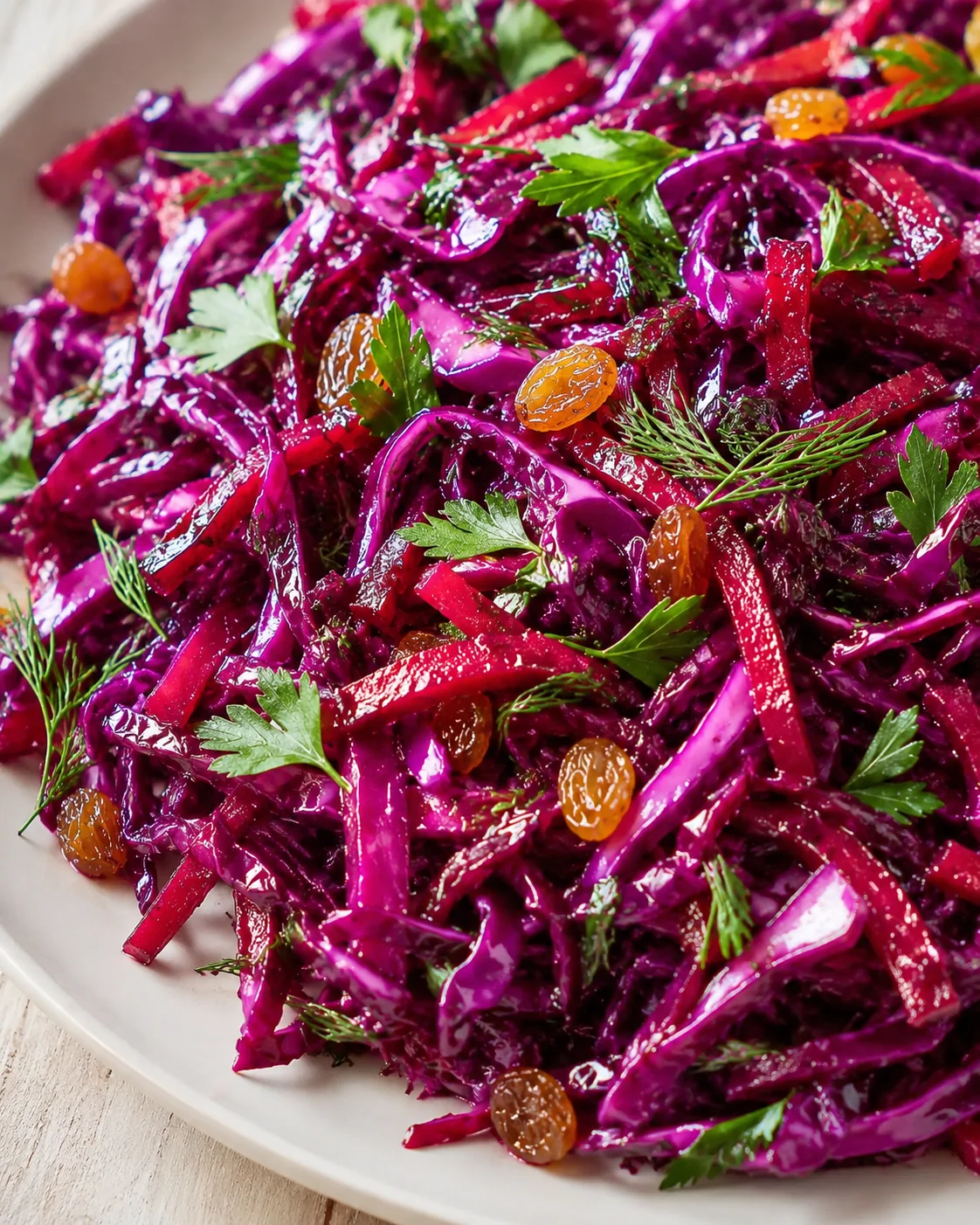 Close-up of purple-red shredded cabbage slaw with parsley and dill on white plate